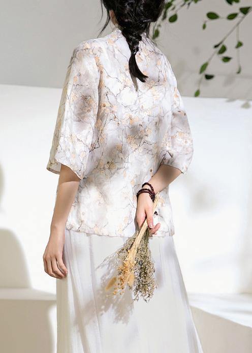 Classy light gray floral  linen Long Shirts flare sleeve silhouette stand collar shirts