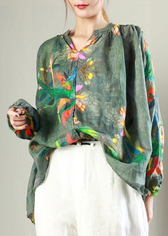 Classy linen crane tops plus size Simple V-Neck Print Long Sleeve Blouse