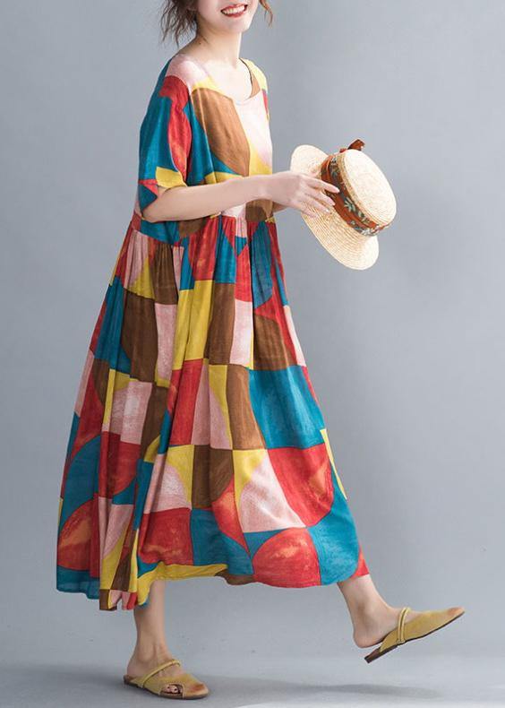 Classy multicolor plaid cotton clothes Women o neck Cinched Kaftan summer Dress