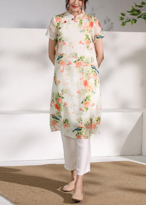 Classy orange floral linen clothes short sleeve Dresses o neck Dress