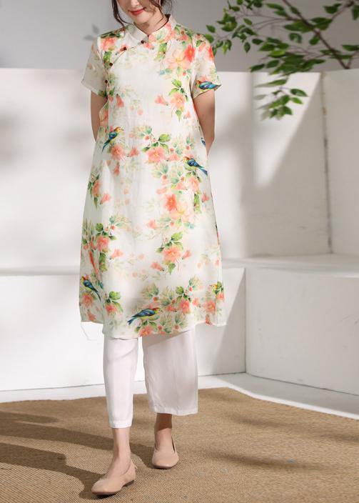 Classy orange floral linen clothes short sleeve Dresses o neck Dress