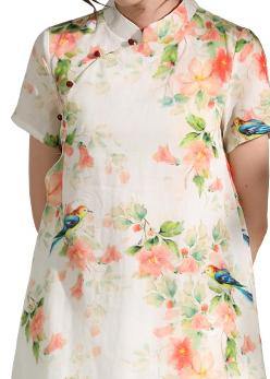 Classy orange floral linen clothes short sleeve Dresses o neck Dress