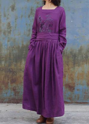 Classy purple linen clothes For Women tie waist loose embroidery Dress