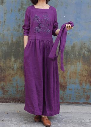 Classy purple linen clothes For Women tie waist loose embroidery Dress