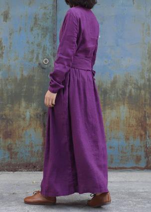 Classy purple linen clothes For Women tie waist loose embroidery Dress