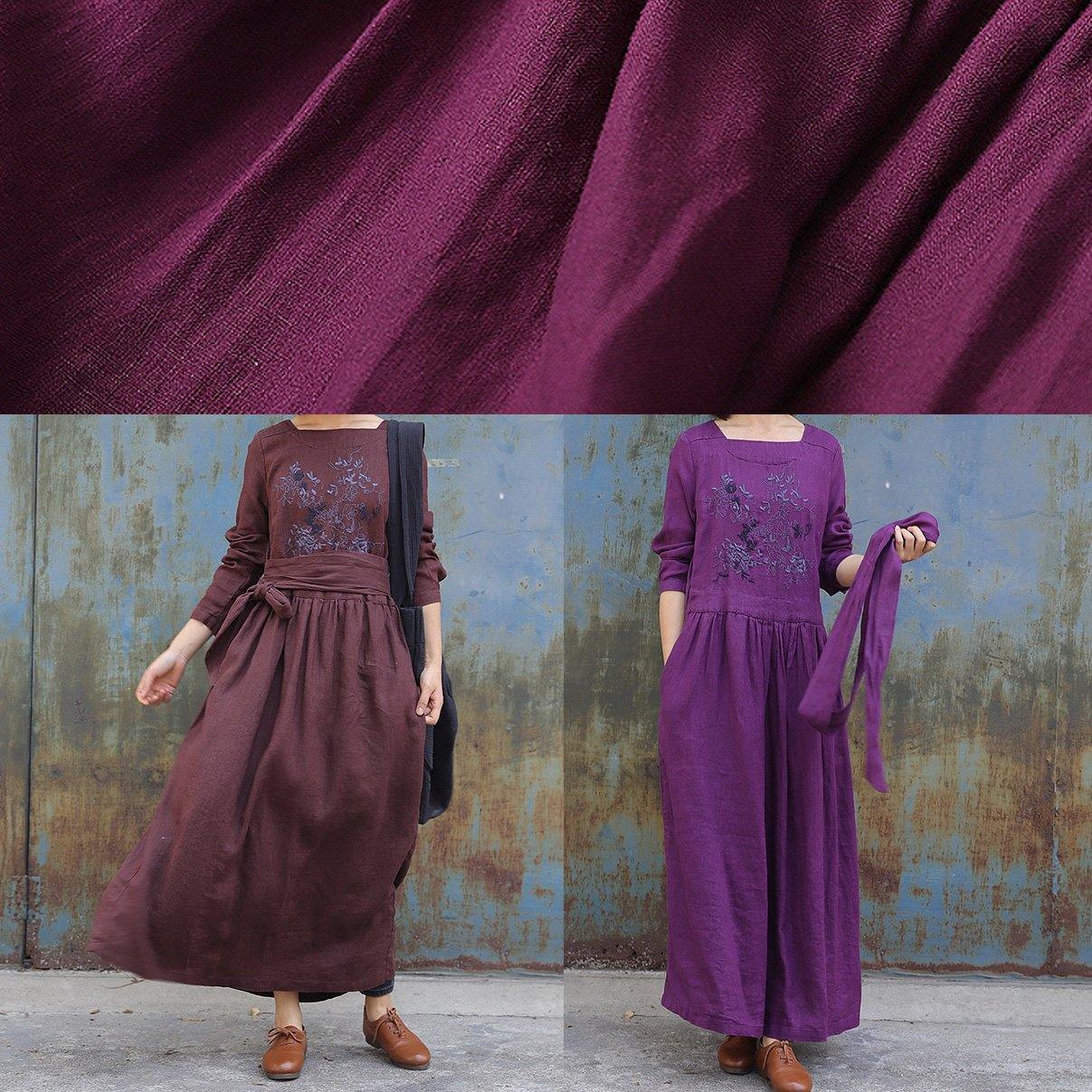 Classy purple linen clothes For Women tie waist loose embroidery Dress