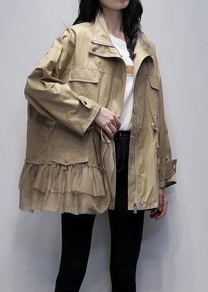 Classy stand collar Fashion outwear khaki patchwork tulle loose coats