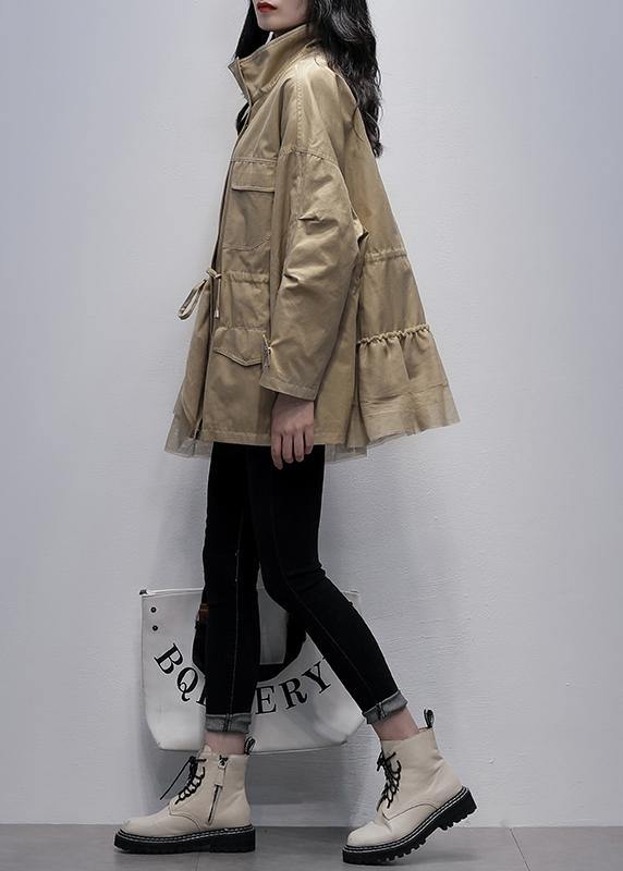 Classy stand collar Fashion outwear khaki patchwork tulle loose coats