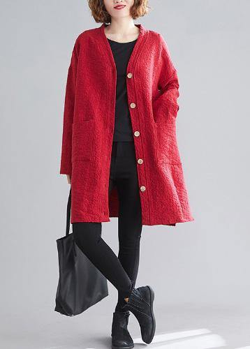 Classy v neck Button Fine Coats Women red daily outwear