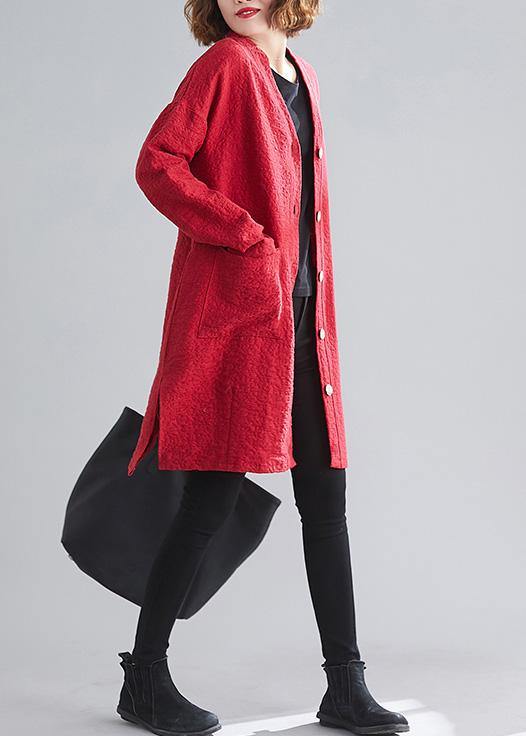 Classy v neck Button Fine Coats Women red daily outwear