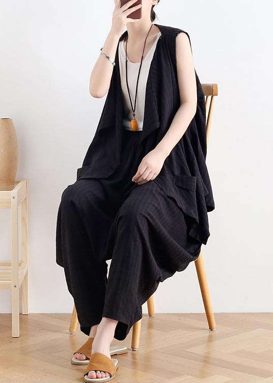 Classy v neck asymmetric linen summer top Neckline black blouse