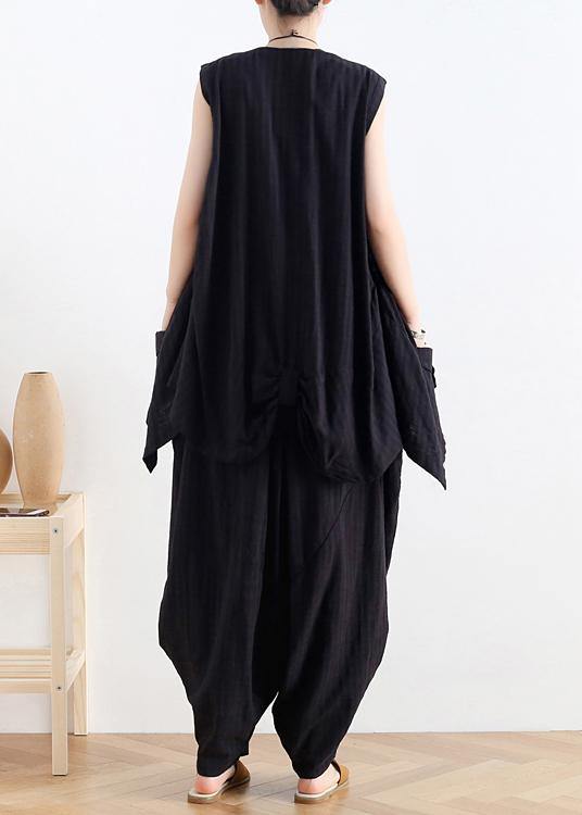 Classy v neck asymmetric linen summer top Neckline black blouse