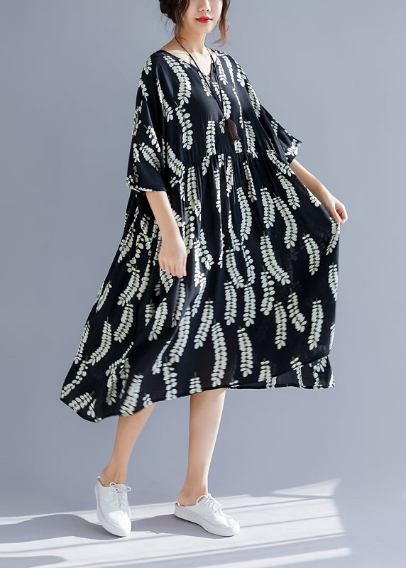 Classy v neck large hem linen clothes For Women Plus Size Catwalk black print cotton Dresses Summer