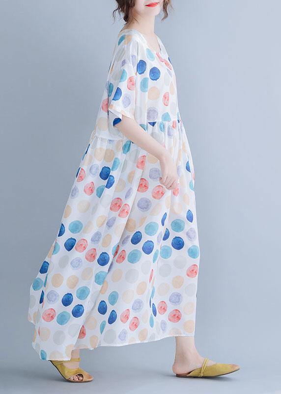 Classy white dotted cotton clothes Women o neck Cinched Maxi summer Dress