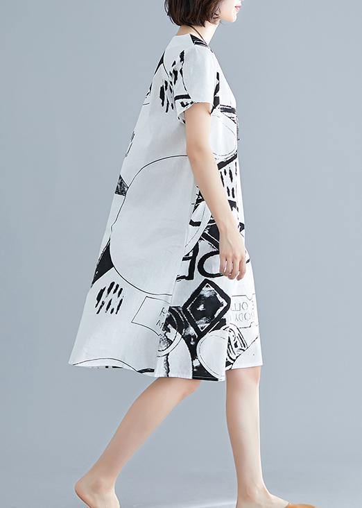 Classy white print linen Wardrobes o neck short sleeve shift summer Dress