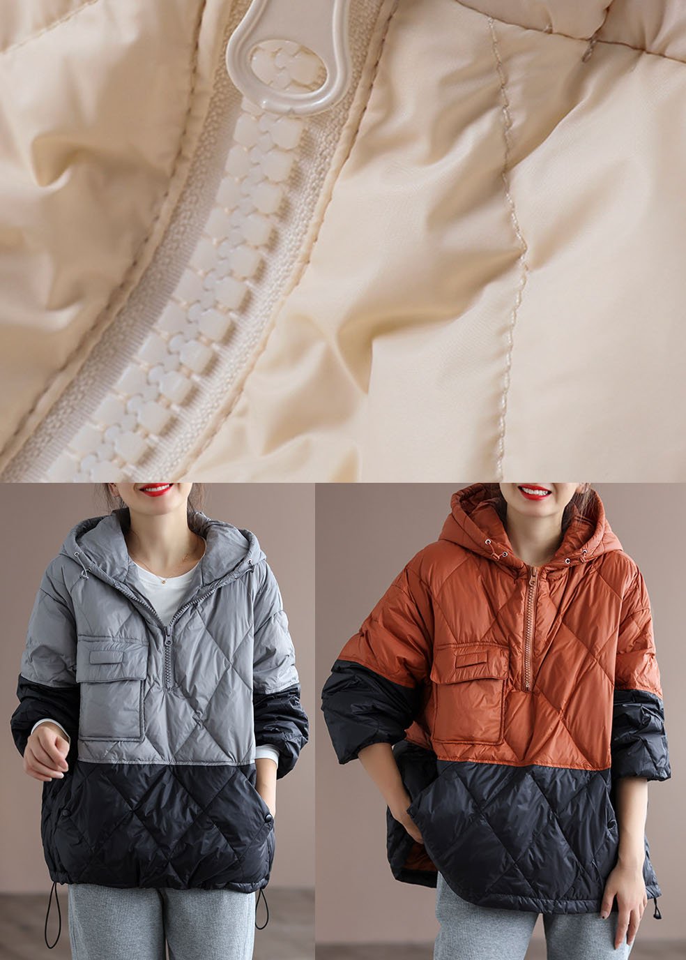 Grey zippered Pockets Duck Down Coat Winter Down Jacket