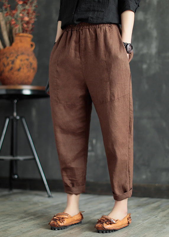 Coffee Elastic Waist Solid Linen Crop Pants