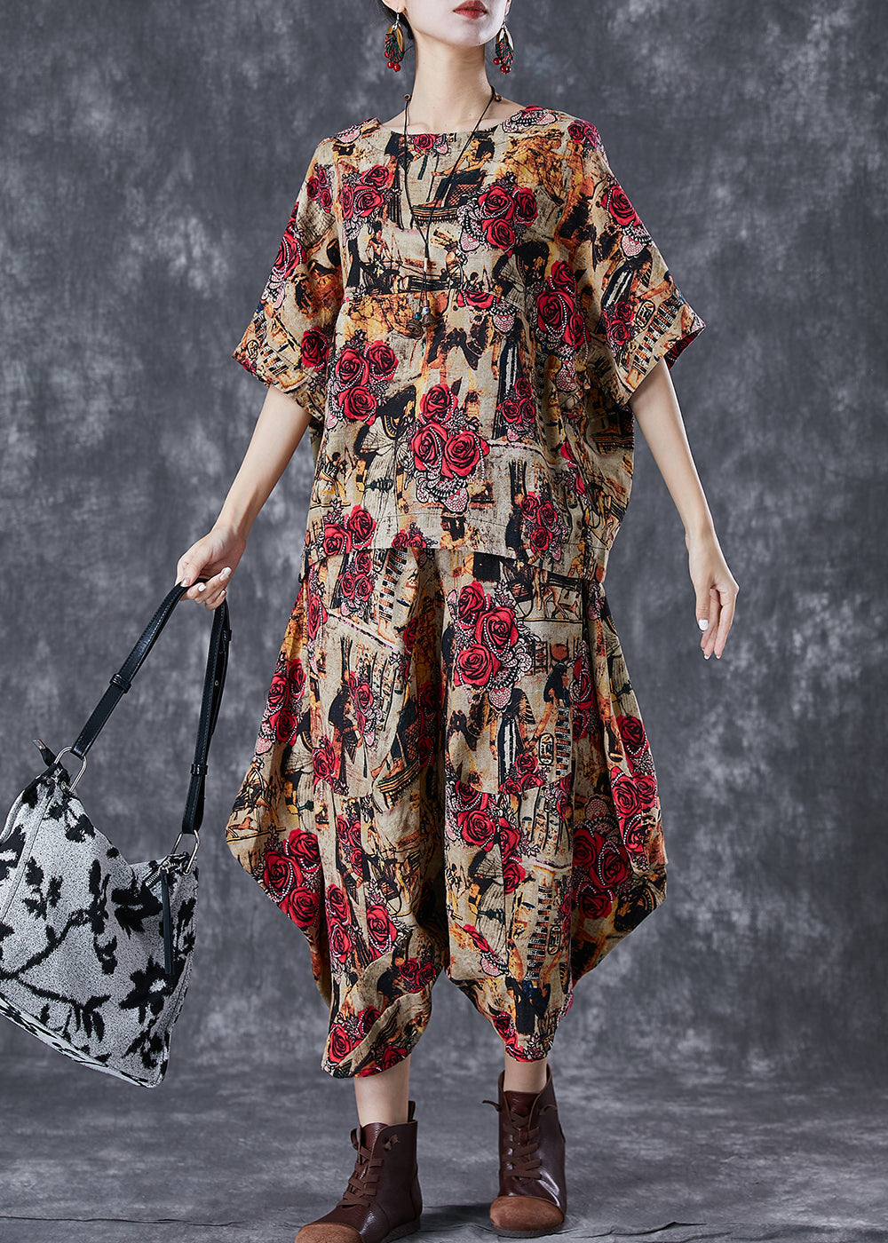 Coffee Floral Cotton Two Piece Suit Set Asymmetrical Oversized Summer