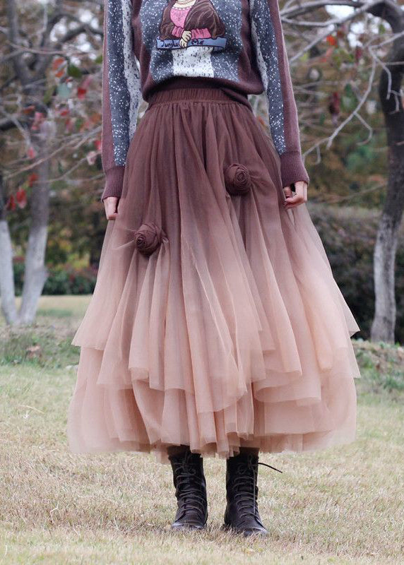 Coffee Floral Tulle Skirts Asymmetrical Exra Large Hem Spring