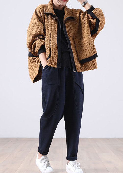 Chocolate Patchwork Corduroy Zip Up Spring Coat