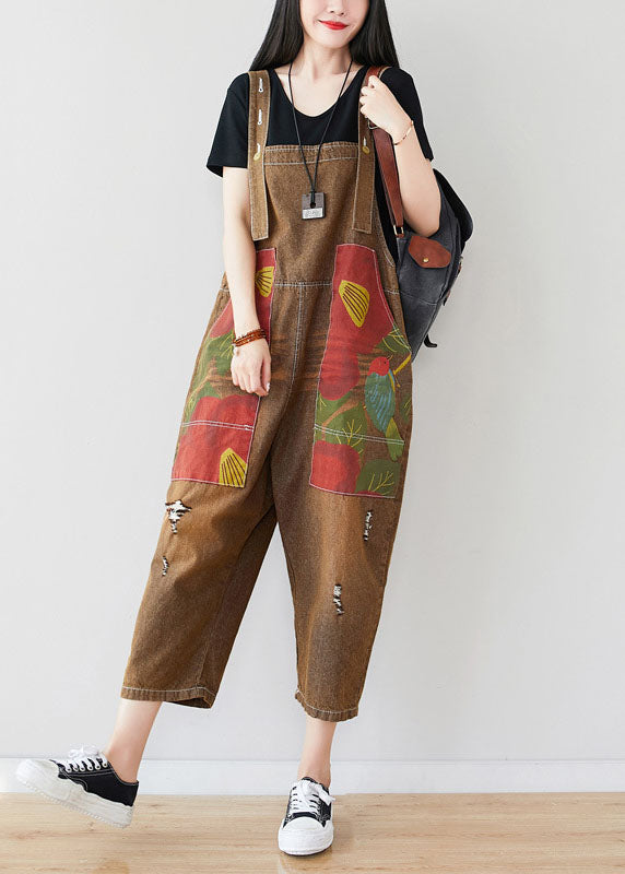 Chocolate Patchwork Print Jumpsuit Pants Ripped Denim Spring