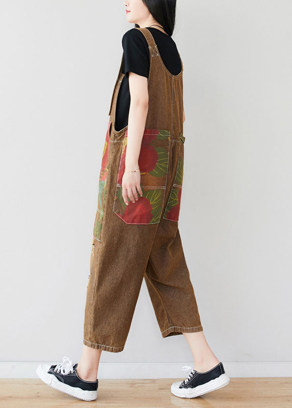 Chocolate Patchwork Print Jumpsuit Pants Ripped Denim Spring