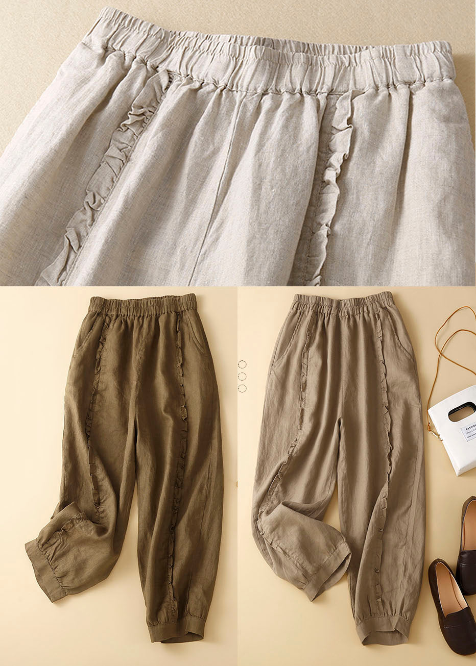 Chocolate Pockets Linen Lantern Crop Pants Elastic Waist Summer