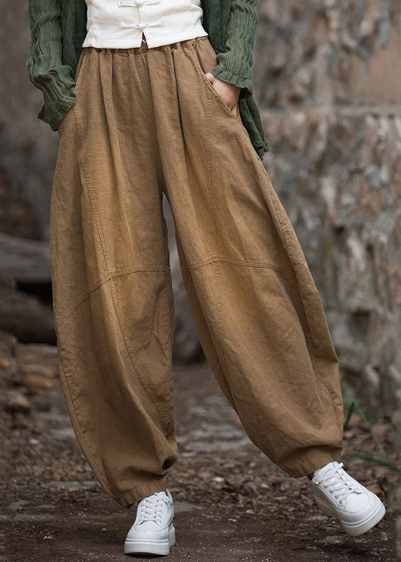 Coffee Pockets Patchwork Elastic Waist Linen Lantern Pants Fall