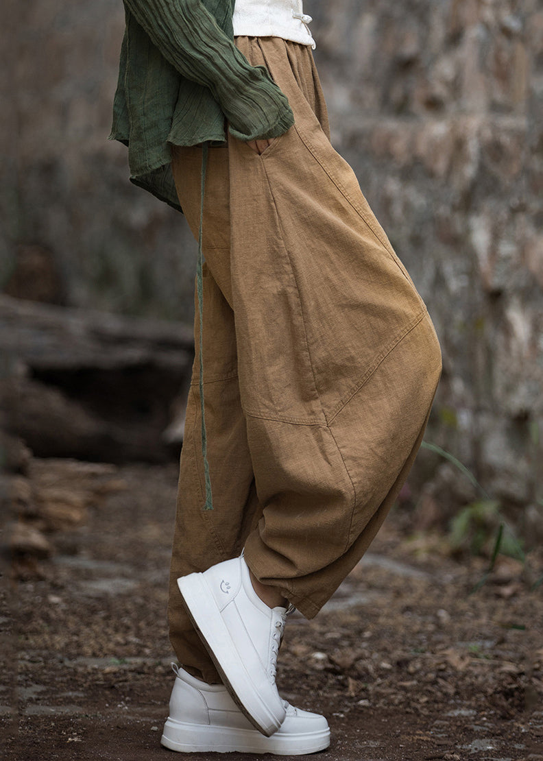 Coffee Pockets Patchwork Elastic Waist Linen Lantern Pants Fall