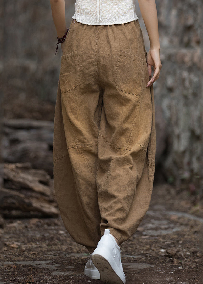 Coffee Pockets Patchwork Elastic Waist Linen Lantern Pants Fall