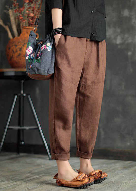 Chocolate Solid Pockets Linen Harem Pants Elastic waist Summer