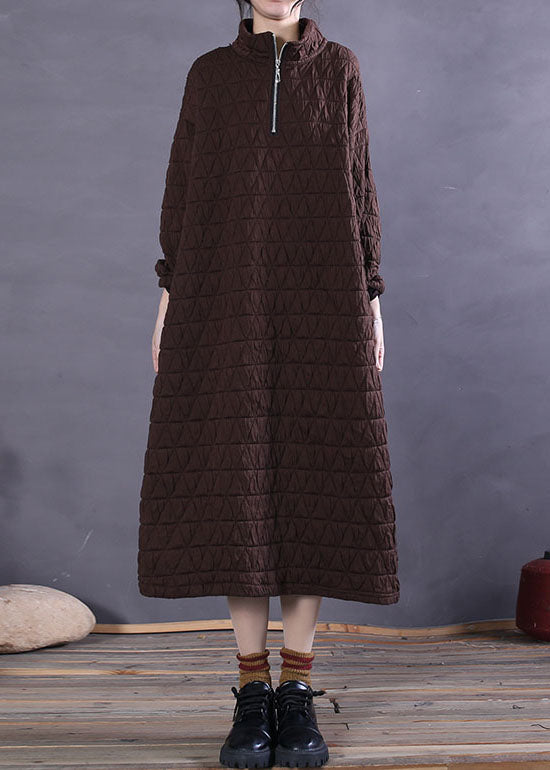 Chocolate Stand Collar Cotton Casual Long Dress Winter