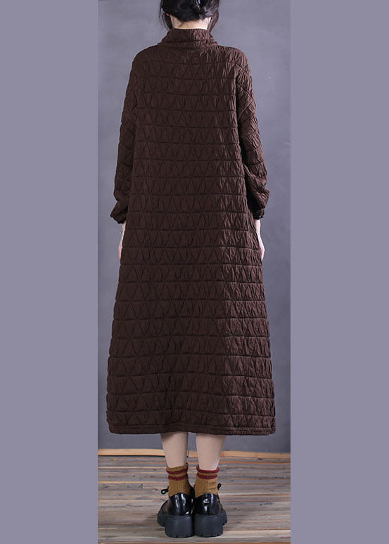 Chocolate Stand Collar Cotton Casual Long Dress Winter