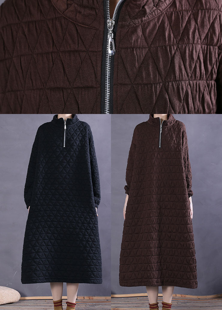 Chocolate Stand Collar Cotton Casual Long Dress Winter