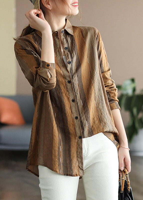 Chocolate Striped Print Shirts Button Long Sleeve