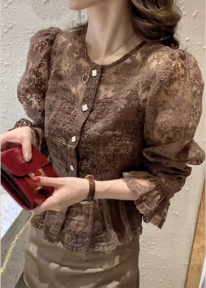 Chocolate Women Lace coat Spaghetti Strap top Sets two Pieces Ruffled flare sleeve