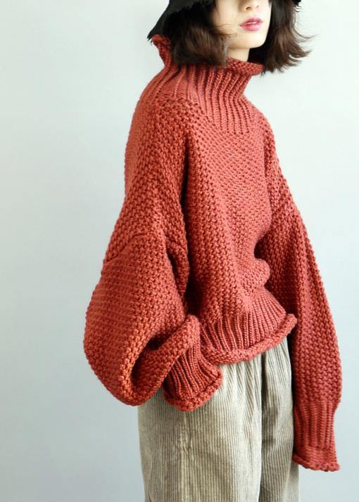 Comfy  red knit tops fall fashion high neck lantern sleeve top