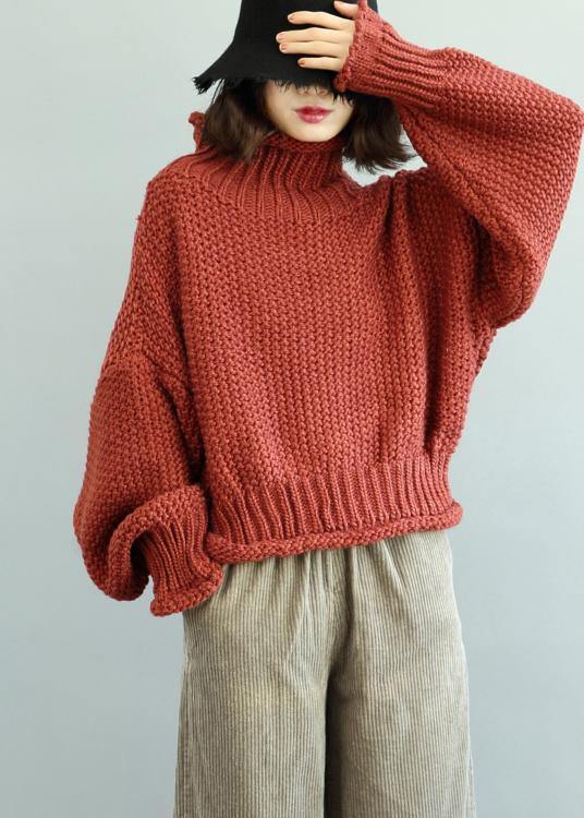 Comfy  red knit tops fall fashion high neck lantern sleeve top