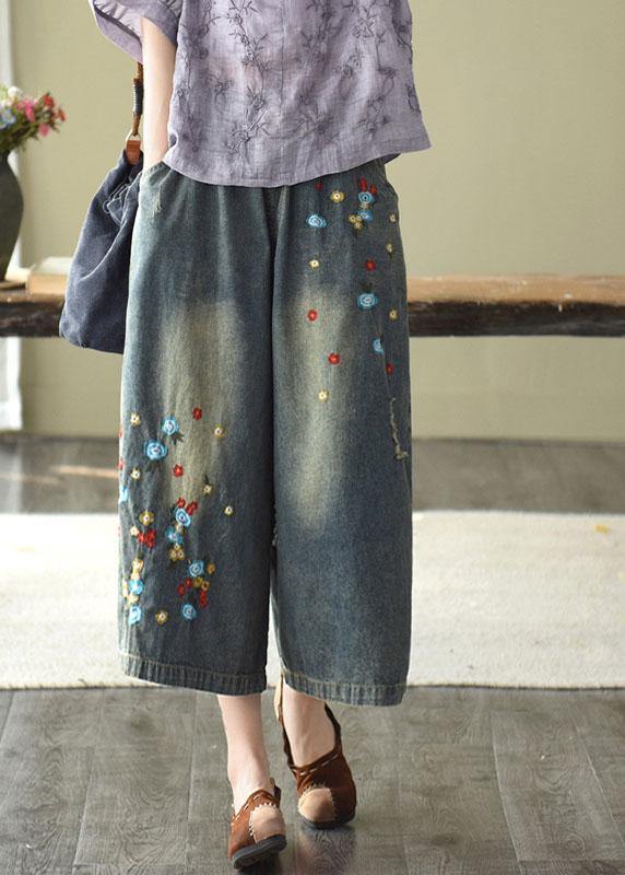 Comfy Grey Embroideried Wide Leg denim Pants For Women