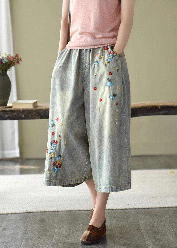 Comfy Grey Embroideried Wide Leg denim Pants For Women