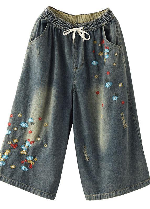 Comfy Grey Embroideried Wide Leg denim Pants For Women