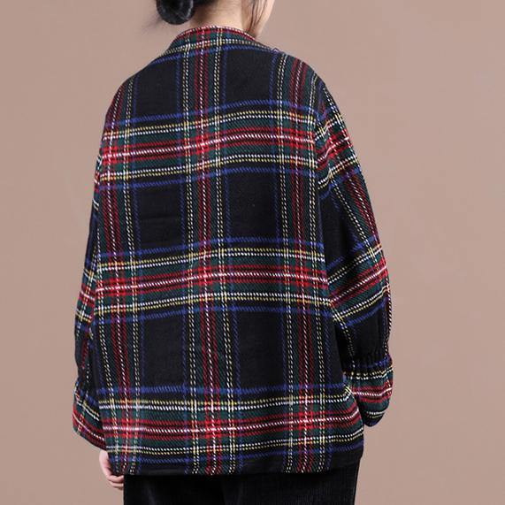 Comfy navy plaid knit sweat tops oversized o neck false two pieces Blouse