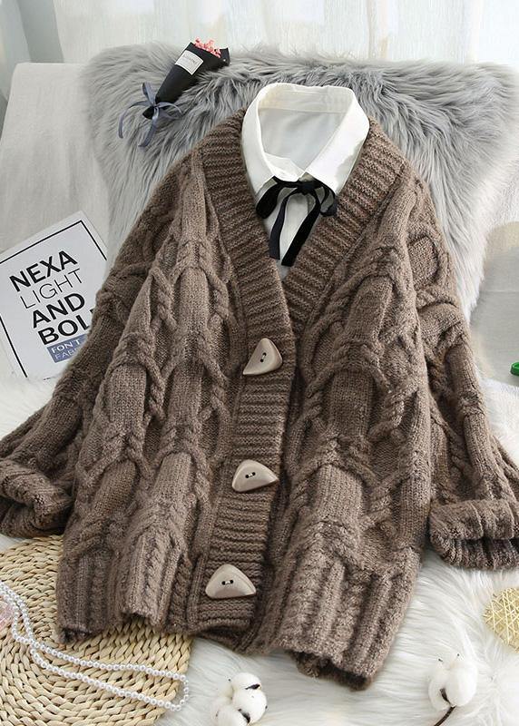 Comfy spring knitwear plus size beige v neck Button sweater coat