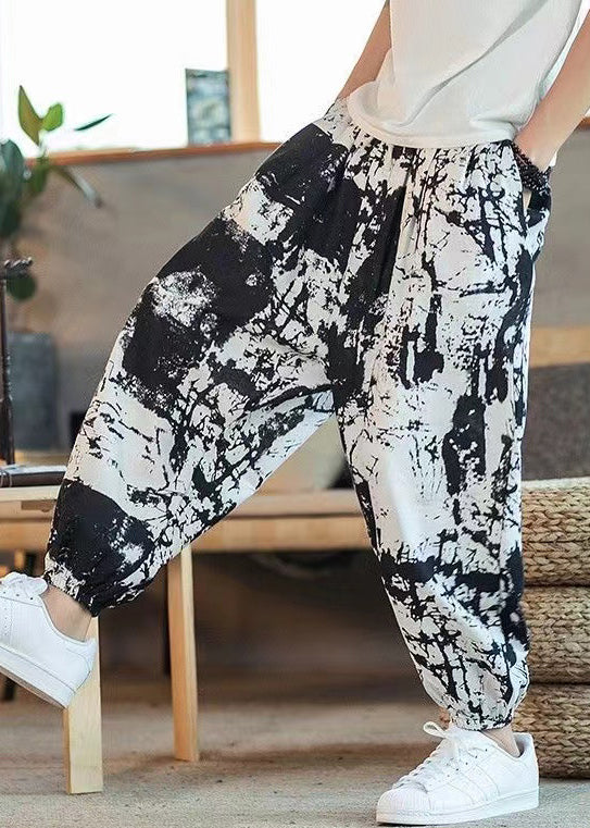 Cool Black Print Pockets Elastic Waist Cotton Men Crop Pants Summer