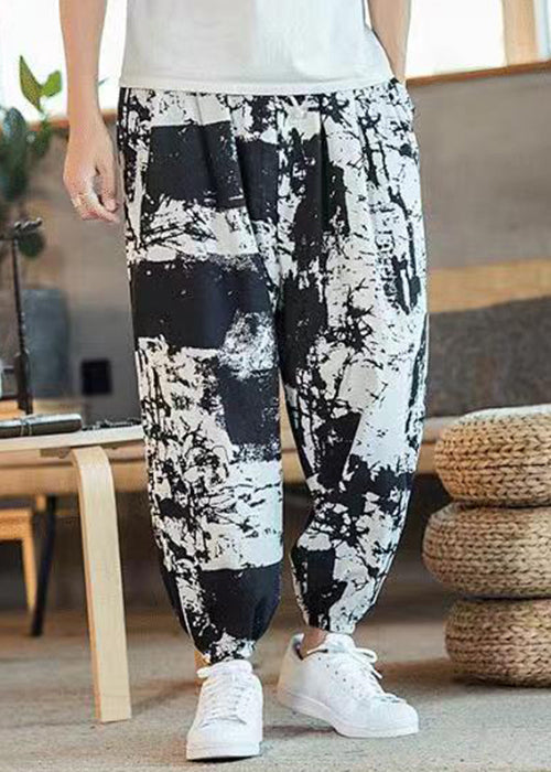 Cool Black Print Pockets Elastic Waist Cotton Men Crop Pants Summer