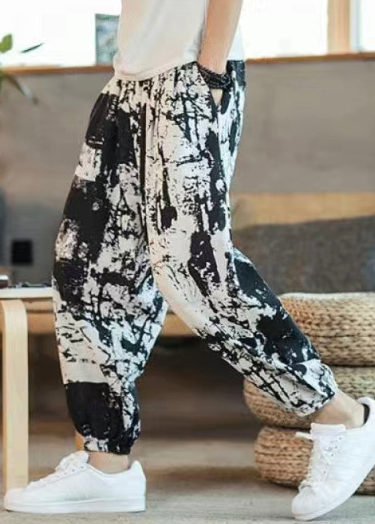 Cool Black Print Pockets Elastic Waist Cotton Men Crop Pants Summer