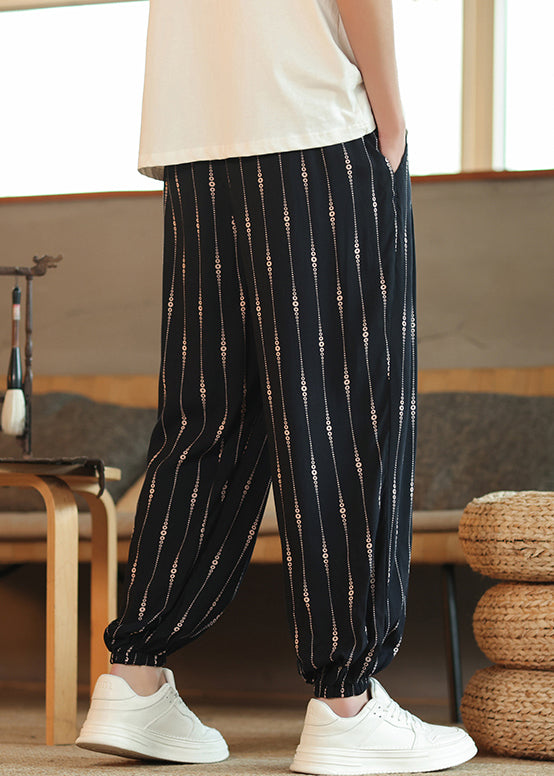 Cool Striped Pockets Elastic Waist Cotton Men Crop Pants Summer