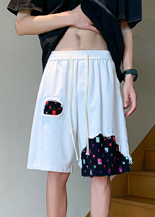 Cool White Pockets Patchwork Denim Men Shorts Summer