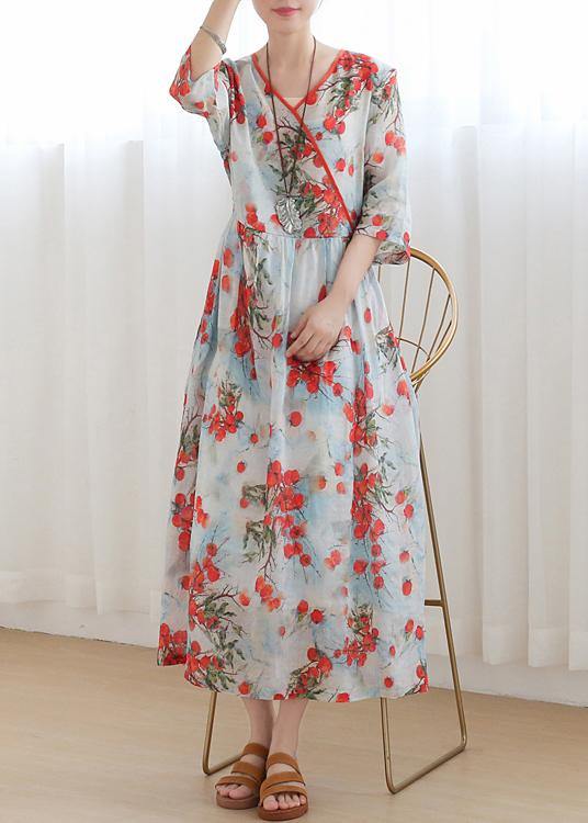 Cotton and linen  Jiangnan floral five-point sleeve high waist dress ramie printed long skirt