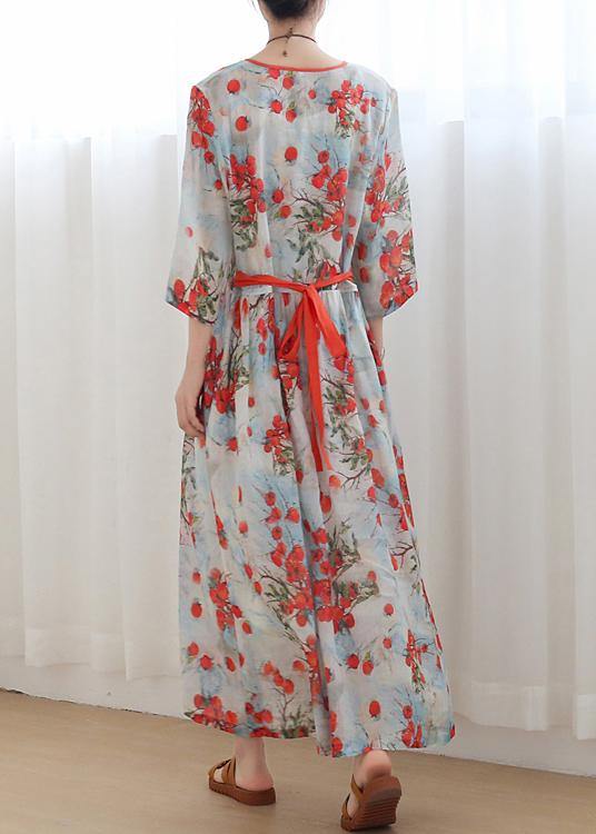 Cotton and linen  Jiangnan floral five-point sleeve high waist dress ramie printed long skirt